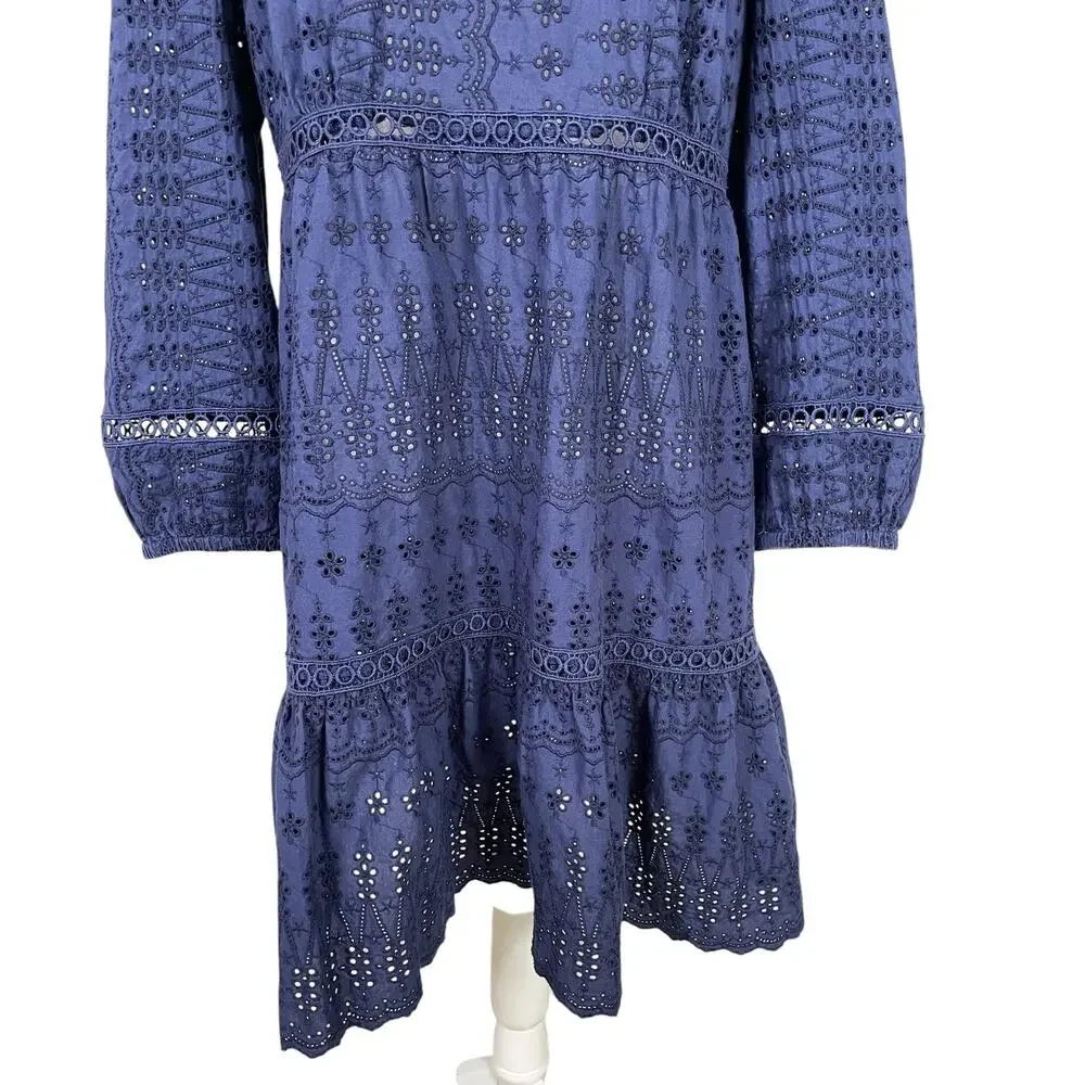 J. Crew Cotton Eyelet Lace Flutter Hem Dress Navy Blue Sz 12 Boho Chic Romantic